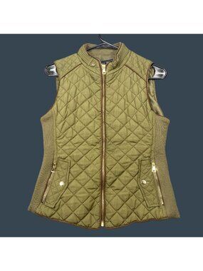 Love Tree Womens Olive Green Quilted Vest Gold Zipper Ribbed Sides Size Small